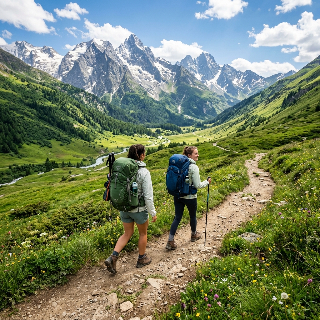 Hikers walking in mountain valley