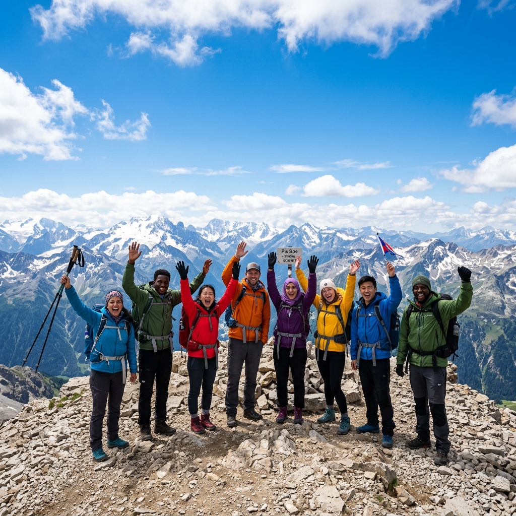 Group of friends on a rocky summit celebrating